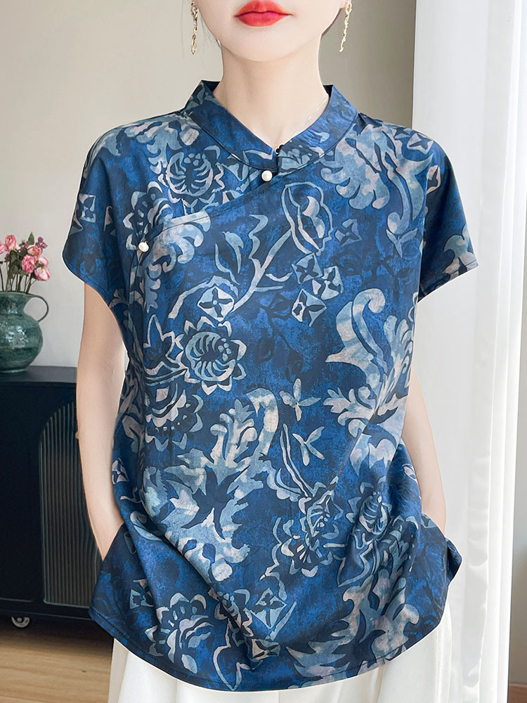 新款优雅醋酸缎面国风钉珠斜襟立领上衣·紫霞