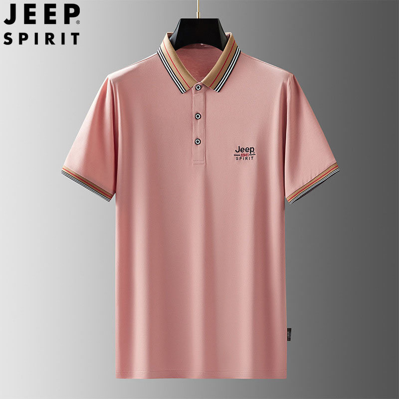 jeep2023春夏新款短袖Polo衫男士翻领宽松休闲潮流上衣H-2301#·粉色