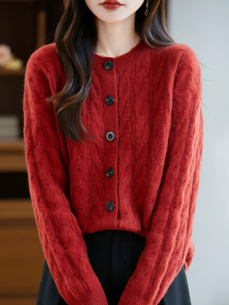 丁摩 纯羊毛开衫女圆领百搭毛衣扭花外套QT1-G093·山楂红